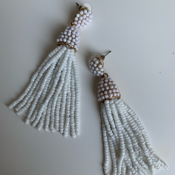 White Beaded Tassel Capped Drop Stud Earrings - Picture 2 of 5